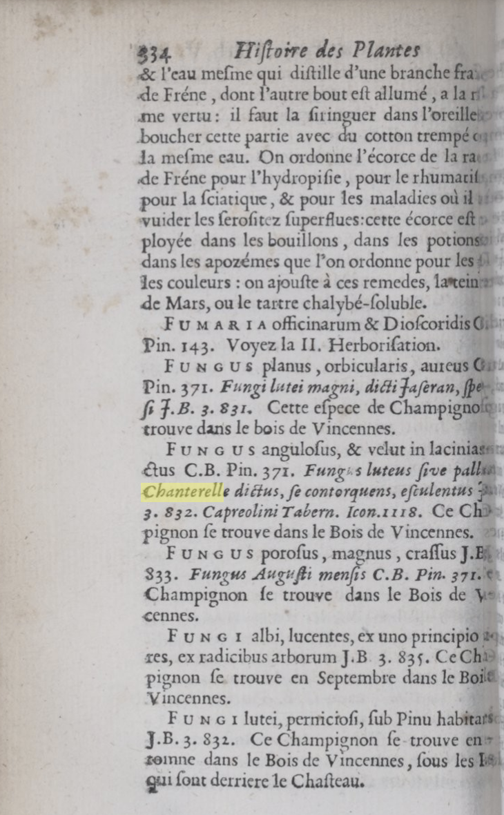Page from Histoire des plantes qui naissent aux environs de Paris by Tournefort 1698 showing early use of the name chanterelle